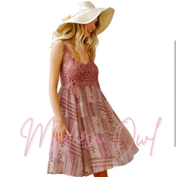 Mauve Pink/purple boho crochet spaghetti strap printed midi dress - Picture 12 of 13